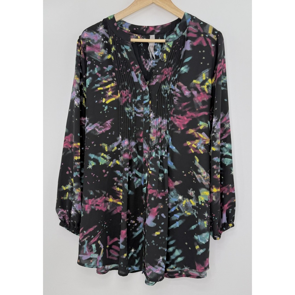 Melissa McCarthey Black Abstract Print Tie Back Blouse Sz 0x Boho Preppy Office